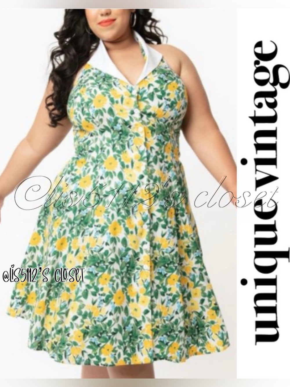 Unique Vintage Idyllwild Yellow & Green Floral Halter Swing Dress 3X 20 fits 2X